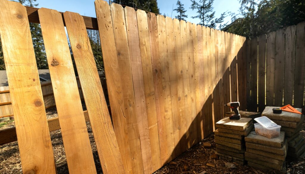 Building a Cedar Picket Wood Fence Scene Stringers Backer Rails No People Box of Screws Power Tools Screwdriver Framing Square